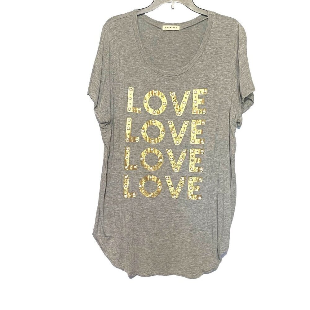 Occasion Love T-Shirt Tunic Gray with‎ Gold & Pearl Detail Women's Size 1X